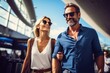Confident, smiling couple walking together in an airport, clad in casual fashion, embodying a carefree and adventurous spirit.