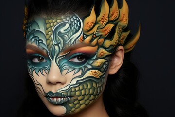 Wall Mural - A woman with dramatic dragon-inspired makeup art covering half her face, with striking details and vivid colors against a dark background.