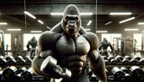 Fototapeta  - Muscular Gorilla Lifting Dumbbells