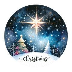 Starry night sky with a Christmas star and trees, Christmas text