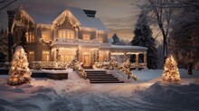 The House Is Decorated With Lights For Christmas. Glowing House Decorated With Lights On Winter Night Background.