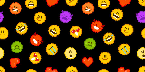 Poster - Pixel seamless pattern background. Vector 8 bit cute emoticon and face expressions. Funny emoticons with laugh, love emotion, devil, angry, crazy and smile in pixel pattern 