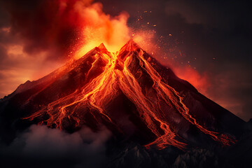 Wall Mural - Volcano Erupting at Night. Generative Ai