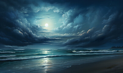 sea view, night painted landscape, night sky, nature wallpaper, picturesque landscapes