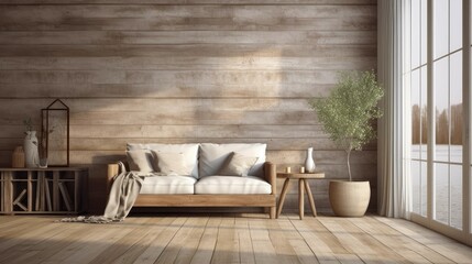 Wall Mural -  Minimalist living room interior with wooden floor decoration.