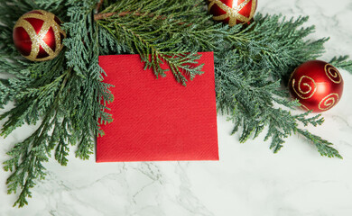 Sticker - red Christmas card on green fir branches