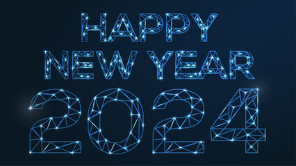 Poster - Happy new year 2024. Vector low-poly image consisting of points and shapes in the form of stars and space.