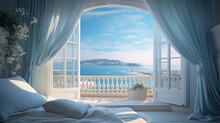 Beautiful Luxury Hotel Room With A View Of The Ocean. Open Balcony Windows In Romantic Amalfi Coast In Italy. Stunning Seaside Resort Sunny Summer Bed.