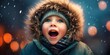 An ecstatic kid in a warm winter coat, with a scarf and mittens, cheering with wide eyes and an open mouth as they witness a grand firework