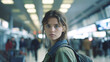 © wetzkaz - young woman with long dark hair walks through busy airport, confident and purposeful, surrounded by fellow travelers.