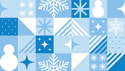 Poster - Winter square mosaic seamless pattern. Geometric abstract background with seasonal elements. Blue geometry ornament for design