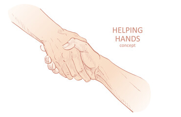 Vector Helping hand concept. Gesture, sign of help and hope. Two hands taking each other. Isolated line illustration on white background.