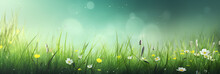 Spring Background With Green Grass And White Et Yellow Flowers, Copy Space