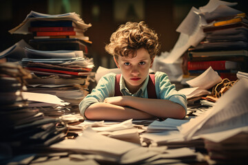 A young boy surrounded by papers and books overwhelmed by homework