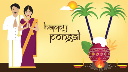 Happy Pongal wishes greeting vector illustration. 
Thai Pongal festival is a multi-day Hindu harvest festival celebrated by Tamils all over the world