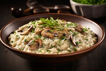Wall Mural - A bowl of creamy mushroom risotto garnished with fresh herbs.