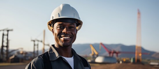 In the vast space of a construction site, a young black man, donning a safety hat, dons a happy face while his portrait captures his dedication as an engineer in the oil industry, tirelessly working