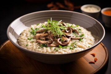 Wall Mural - A bowl of creamy mushroom risotto garnished with fresh herbs.