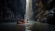 Kayakers in fast-flowing river cliffs