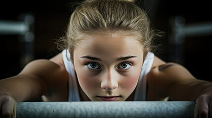 Wall Mural - Gymnast's fierce concentration on uneven bars routine