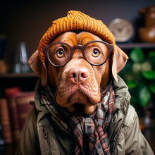 Stylistic Illustration Of A Dogue De Bordeaux Mastiff Dog In Various Clothing Styles And Interiors For Lovers Of The Breed And For A Positive Mood