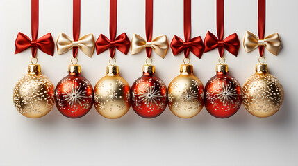 A collection of red, gold and clear Christmas baubles hanging from red ribbon and bow with snowflake glitter patterns on them isolated on sold background