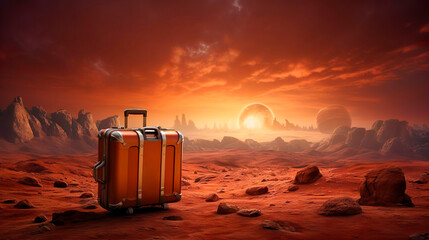 Wall Mural - Colonization of a red planet. Intergalactic mission expedition flight. Humanity landed with a suitcase on an alien planet to conduct scientific experiments and search for minerals.