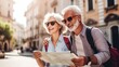 An elderly couple, stylish in sunglasses, joyfully navigates city streets with a map, enjoying their time together while discovering the world on a sunny day.