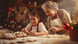 Grandmother and young girl bond joyfully in a cozy kitchen, creating sweet memories as they team up to bake cookies, spreading love and laughter with smiles that reflect the joy of baking together.
