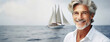 Successful senior businessman on vacation in front of floating yacht sailboat in sea. Concept of wealth and health in old retirement age. Panorama with copy space.