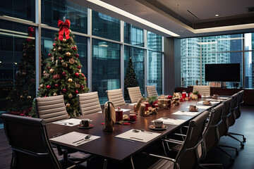 A conference room with a christmas tree in the middle created with generative AI technology