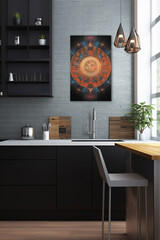 Wall Mural - A modern mock up of a vertical frame.Kitchen interior with dark cabinets, wooden counter top, and decorative wall art.