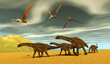 Ampelosaurus and Anhanguera Pterosaurs - An Ampelosaurus dinosaur herd cross a beach during the Cretaceous Period as Anhanguera Pterosaurs fly overhead.