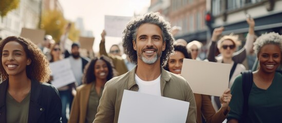 Group of diverse individuals holding blank signs in the midst of a victorious protest. Content men and smiling women marching through city streets. People demonstrating on the road.