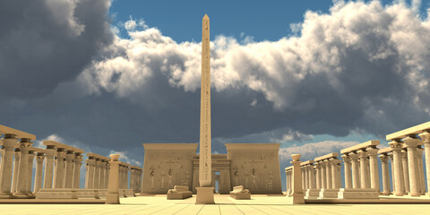 Wall Mural - pharaon temple - a tall obelisk stands in front of an egyptian temple in honor of one of the famous 