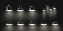 Vector Realistic Black Ceiling Lamps Set. Different Shapes And Sizes Interior Lighting. Hanging Lamps Isolated On Transparent Background.