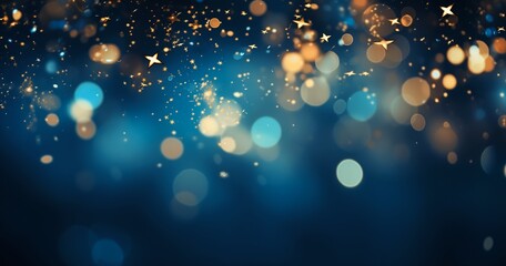 closeup blue background stars blurry lights gold glow grey depths joy glittering skin festive streaming among golden fireflies jeweled faint