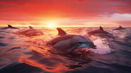 Wall Mural - Dolphin playing at sunset