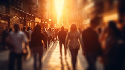 Wall Mural - Blurred crowd of unrecognizable at the street at sunset. crowd of people in a shopping street