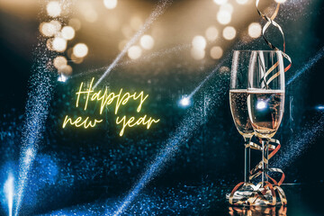 Poster - two glasses of champagne in the spotlight - new year celebration