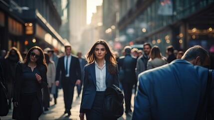 Sticker - close up of business people walking downtown a street in the city, blurred background, 