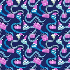 Christmas cartoon animals seamless snake and Santa hat pattern for new year wrapping paper and fabrics