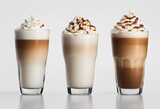 Three different latte macchiato on isolated white background
