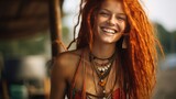 Fototapeta  -  beautiful redhead hippie girl with smile, piercing and rastas, concept: joy of living, copy space, 16:9