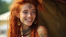  Beautiful Redhead Hippie Girl With Smile, Piercing And Rastas, Concept: Joy Of Living, Copy Space, 16:9