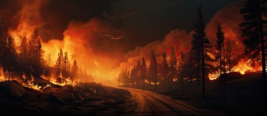 Wall Mural - Hill road amidst forest fire, flames, smoke.