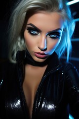 Wall Mural - Bombshell blonde high sleek shiny wet look ponytail hair in shiny black clubbing dress, intense look false eyelashes, neon lights