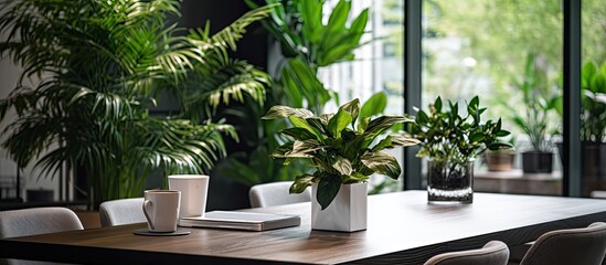 Wall Mural - In a luxurious black and white interior, the sleek design of the office table made of natural wood brought a touch of nature to the business room, while the green plants added a refreshing vibe to the