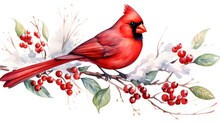 Watercolor Christmas Card With Cardinal Bird, Berries And Snow On White Background Generative AI