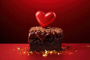 Wall Mural - tasty brownie with golden heart on top, valentine's day advertisement